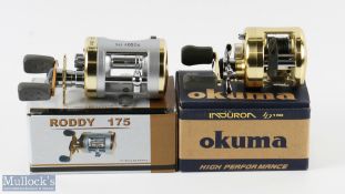 Okuma Induron ID150 No 2952 multiplier, twin handles, thumb brake, runs very well, instructions