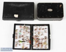 Collection of fly boxes - 1x Hardy black japanned fly box with 18 clips in the lid and an open base;