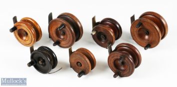 7x brass and wood reels, all unnamed with one Bakelite, all complete and in good working order (7)