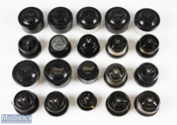 Large Gold Tin with 12 Mitchell fixed spools, 8 in holders (12)