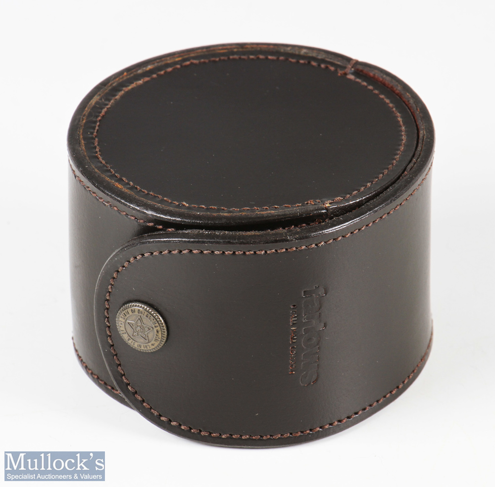 Farlows, Pall Mall, London, block leather, round reel case 3 7/8" dia, dark brown, press stud