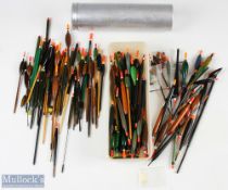 Plastic box with over 60x missed floats, all look unused; alloy tube with over 20 floats, again look