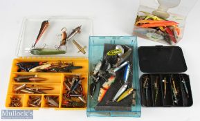 A collection of 4x containers holding the following - 1x box of plugs, 17x by Shakespeare, Heddon,