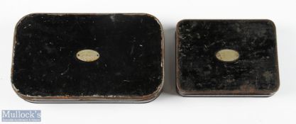 Hardy Bros Giridon black japanned compartment fly boxes: one large 15 sections with Aide Memoir in