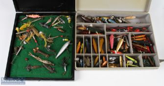 Selection of lures, spoons, Devons and spinners in a hinged, lidded container, 10