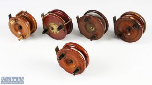 5x mahogany and brass star back reels, made up of: 1x 3 1/2