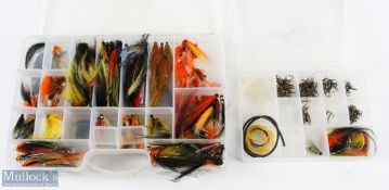 A collection of tube flies and hooks, in 2x containers: 1. Double sided box with over 150 tubes of