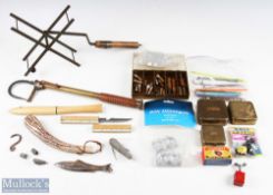 A collection of fishing equipment - 1x unnamed single draw gaff, brass with wood handle; 1x