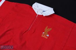1980s Matchworn USA Rugby Jersey: Red US Eagles jersey with logo, blue and white hoops to one of the