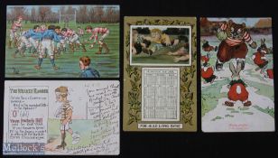 1900s Rugby Cartoon Postcards Selection F (4): Coloured rugby scene; 1908 Calendar/Almanac card sent