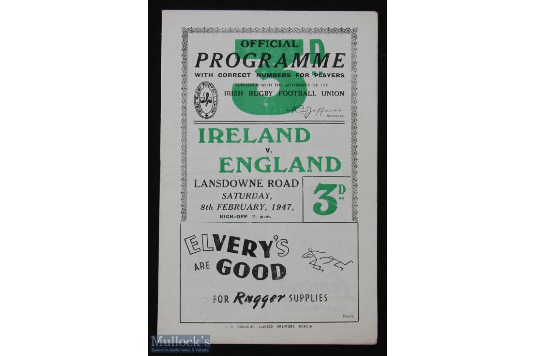 1947 Ireland v England Rugby Programme: Full substantial Dublin issue for the first official post