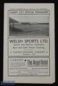 1945/46 Cardiff City v Moscow Dynamo FC football programme single sheet, light folds, G overall