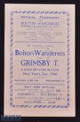 1945/46 Bolton Wanderers v Grimsby Town War League North programme New Years day 1946; score on