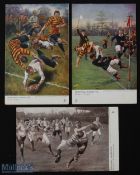 1900s Rugby Postcards 'Football Incidents' (3): c1905, two coloured rugby action artworks by S T