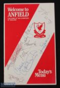 Menu: 1980s match menu v Wolverhampton Wanderers, 4 page card, Welcome to Anfield with signatures of