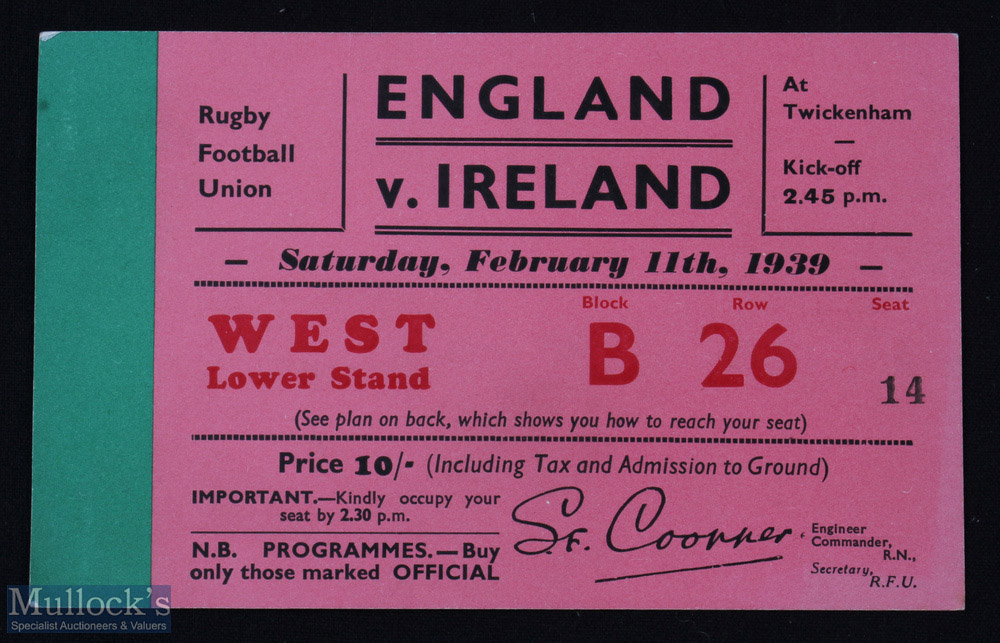 Rare 1939 England v Ireland Rugby Ticket: Bold large West Stand 10/- issue for their last meeting