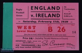 Rare 1939 England v Ireland Rugby Ticket: Bold large West Stand 10/- issue for their last meeting