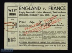 Scarce 1949 England v France Rugby Ticket: 5/- West Ring yellow card ticket for England's 8-3 win (