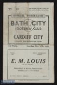 War time 1943/1944 Bath City v Cardiff City Football League (West) 27 November 1943, 4 pager; fair