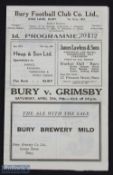 War-time 1945/1946 Bury v Grimsby Town War League North 27 April 1946; 4 pager, slight marks to back