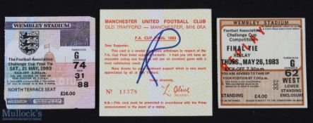 Tickets: 1983 + Manchester Utd ticket issue + 1983 replay FAC final match tickets; good. (3)