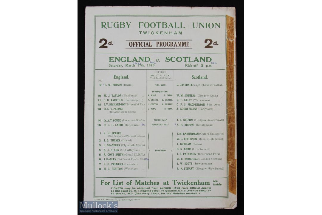 1928 England v Scotland Rugby Programme: Another Twickers Calcutta Cup clash, almost a century