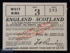 Scarce 1949 England v Scotland Rugby Ticket: Very clean buff West Ring player's issue for the