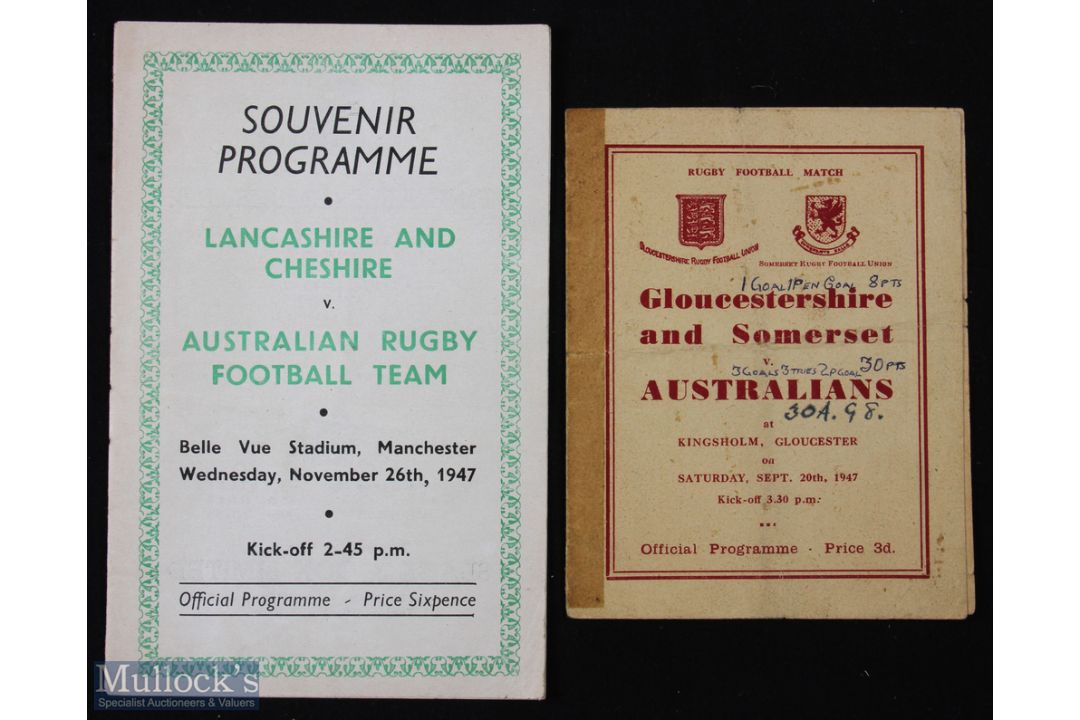 1947-8 Australians in England Rugby Programmes (2): 4pp small fold over card from Kingsholm for Glos