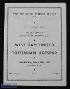 1952/53 West Ham United v Tottenham Hotspur football programme floodlight opening 16 Apr, single