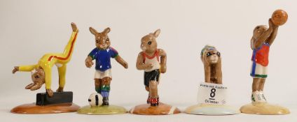 Five Royal Doulton Bunnykins Limited Edition Sporting Figures Runner, Basketball, Soccer,
