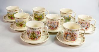 Eight Royal Doulton Bunnykins cup & saucer sets. (8)