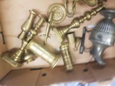A mixed collection of Metal ware to include Brass candlesticks & ornaments , pewter claret jug etc
