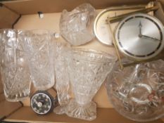 A collection of cut and pressed glass vases together with 2 modern battery mantle clocks