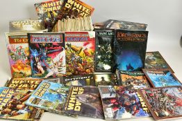 TWO BOXES OF WARHAMMER BOOKS, WARHAMMER 40K BOOKS AND AROUND 40 WHITE DWARF MAGAZINES, contains