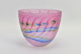 MARTIN ANDREWS (BRITISH CONTEMPORY), A STUDIO GLASS BOWL, with a spiral band of green and yellow