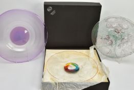 THREE PIECES OF LATE 20TH CENTURY BRITISH STUDIO GLASS, comprising a boxed Phoenix Hot Glass shallow