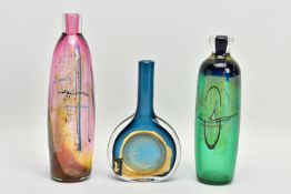 THREE LATER 20TH CENTURY STUDIO GLASS VASES, comprising a blue Iestyn Davies 'Osiris' vase, gold