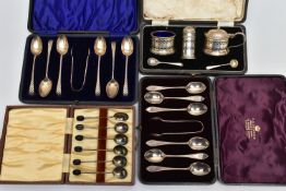 THREE CASES OF SILVER TEA AND COFFEE SPOONS AND A CASED GEORGE VI SILVER FIVE PIECE CRUET SET,