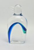 GORAN WARFF FOR KOSTA BODA, a glass penguin paperweight having a green and blue internal stripe