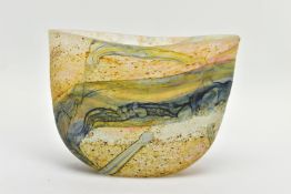 PETER LAYTON (BRITISH 1937) A COMPRESSED FORM GLASS VASE, swirled and mottled decoration, signed and