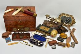 A VICTORIAN BURR WALNUT RECTANGULAR APOTHECARIES BOX, the hinged cover with leather lined interior