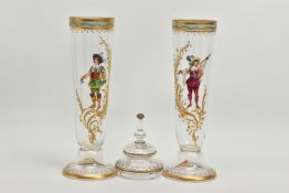 A PAIR OF LATE 19TH CENTURY CONTINENTAL GLASS JARS OF CONICAL FORM, ONE WITH A COVER, the domed