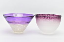TWO PIECES OF MODERN STUDIO GLASS, comprising a Stuart Akroyd conical shaped bowl, having a