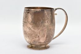 AN ELIZABETH II SILVER MUG, a bell shaped mug with a scrolled handle and skirted foot, engraved 'M.C
