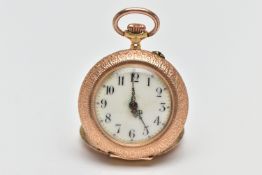 A LADIES YELLOW METAL, OPEN FACE POCKET WATCH, non-running, keyless wind, round white dial, Arabic