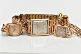 THREE WRISTWATCHES, the first a ladies wristwatch with a gold plated square case, unmarked gold