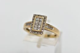 A 9CT GOLD DIAMOND DRESS RING, of rectangular design the calibre cut diamond panel, with single