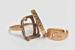 A 9CT GOLD DIAMOND ETERNITY BAND RING, AN AF RING AND AN AF 22CT GOLD RING, nine single cut diamonds