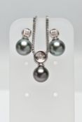 A MODERN TAHETIAN PEARL AND DIAMOND PENDANT AND EARRING SET, pendant designed as a single