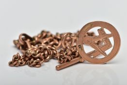 A 9CT GOLD MASONIC CHARM AND ROSE METAL ALBERT CHAIN, a graduated curb link chain fitted with two